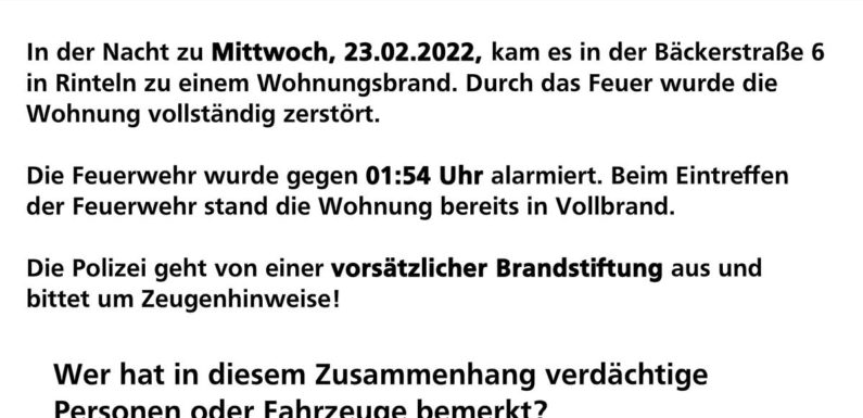 Rinteln: Feuer in Bäckerstraße war Brandstiftung / Polizei bittet um Zeugenhinweise