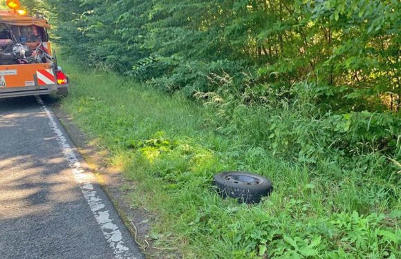 Autoreifen aus fahrendem Fahrzeug in Straßengraben geworfen