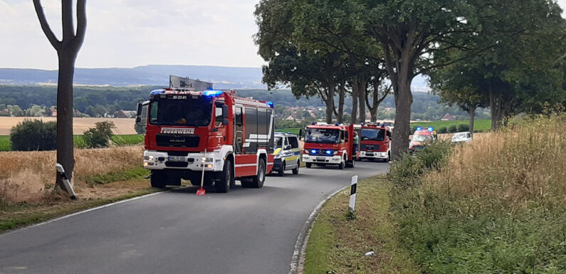 Feuerwehr kümmert sich um auslaufende Betriebsstoffe nach Verkehrsunfall