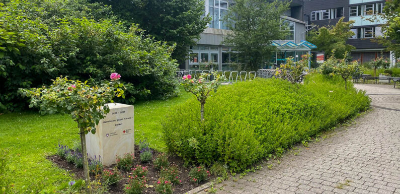 Sandsteinquader vor dem Sitzungssaal des Landkreisgebäudes erinnert an Corona-Pandemie