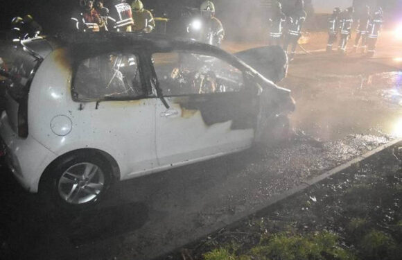 Feuerwehr löscht brennenden Seat in Meerbeck